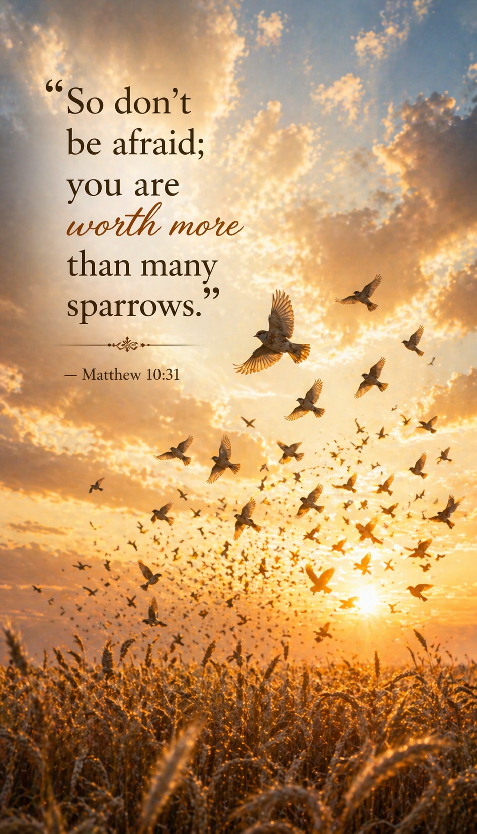 Matthew 10:31 phone wallpaper sparrows flying upward from wheat field golden sunset light - don't be afraid